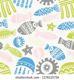 Seamless pattern with cute subject sea and ocean.Template with aquatic inhabitants. Ships and marine inhabitants. Vector graphics.
