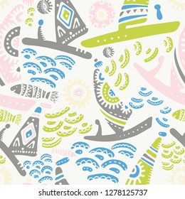 Seamless pattern with cute subject sea and ocean.Template with aquatic inhabitants. Ships and marine inhabitants. Vector graphics.