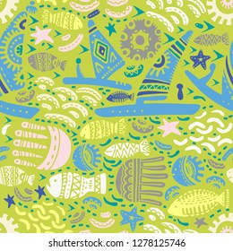 Seamless pattern with cute subject sea and ocean.Template with aquatic inhabitants. Ships and marine inhabitants. Vector graphics.