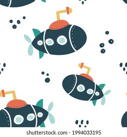 Seamless pattern cute submarine isolated on white background. Vector illustration.