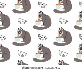 Seamless pattern with cute sugar glider in side view.