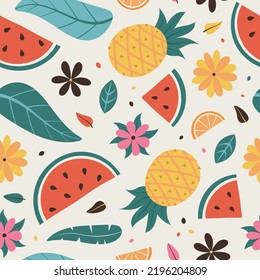 seamless pattern of cute summer beach doodle fruits and flowers  vector illustration