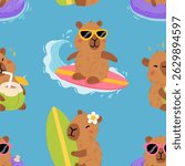 Seamless pattern with cute summer capybaras in various poses and items. Hand drawn cartoon flat style. Vacation seasonal template for design, kids collection