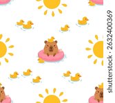 Seamless pattern with cute summer capybaras in various poses and items. Hand drawn cartoon flat style. Vacation seasonal template for design, kids collection