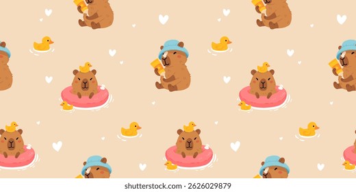 Padrão contínuo com capibaras de verão bonito em várias poses e itens. Estilo plano desenho à mão desenhos animados. Modelo sazonal de férias para design, coleção de crianças