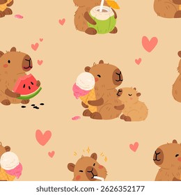 Padrão contínuo com capibaras de verão bonito em várias poses e itens. Estilo plano desenho à mão desenhos animados. Modelo sazonal de férias para design, coleção de crianças