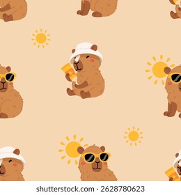 Padrão contínuo com capibaras de verão bonito em várias poses e itens. Estilo plano desenho à mão desenhos animados. Modelo sazonal de férias para design, coleção de crianças