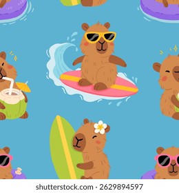 Padrão contínuo com capibaras de verão bonito em várias poses e itens. Estilo plano desenho à mão desenhos animados. Modelo sazonal de férias para design, coleção de crianças