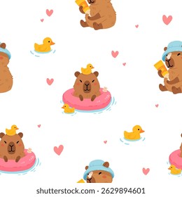 Padrão contínuo com capibaras de verão bonito em várias poses e itens. Estilo plano desenho à mão desenhos animados. Modelo sazonal de férias para design, coleção de crianças