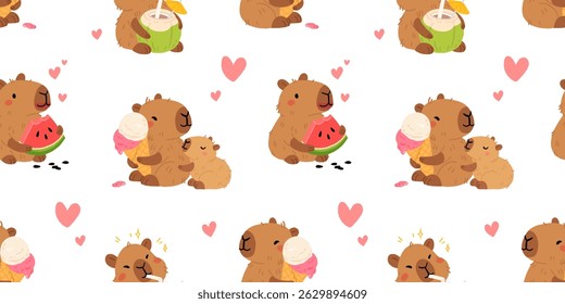 Seamless pattern with cute summer capybaras in various poses and items. Hand drawn cartoon flat style. Vacation seasonal template for design, kids collection