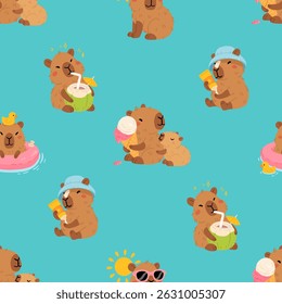 Seamless pattern with cute summer capybaras in various poses and items. Hand drawn cartoon flat style. Vacation seasonal template for design, kids collection