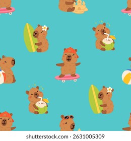 Padrão contínuo com capibaras de verão bonito em várias poses e itens. Estilo plano desenho à mão desenhos animados. Modelo sazonal de férias para design, coleção de crianças