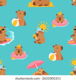 Seamless pattern with cute summer capybaras in various poses and items. Hand drawn cartoon flat style. Vacation seasonal template for design, kids collection