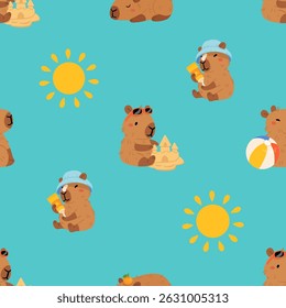 Padrão contínuo com capibaras de verão bonito em várias poses e itens. Estilo plano desenho à mão desenhos animados. Modelo sazonal de férias para design, coleção de crianças