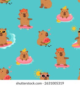 Padrão contínuo com capibaras de verão bonito em várias poses e itens. Estilo plano desenho à mão desenhos animados. Modelo sazonal de férias para design, coleção de crianças