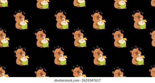 Seamless pattern with cute summer capybaras in various poses and items. Hand drawn cartoon flat style. Vacation seasonal template for design, kids collection