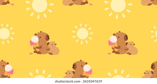 Seamless pattern with cute summer capybaras in various poses and items. Hand drawn cartoon flat style. Vacation seasonal template for design, kids collection