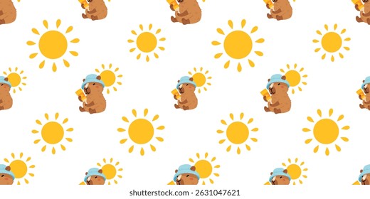 Seamless pattern with cute summer capybaras in various poses and items. Hand drawn cartoon flat style. Vacation seasonal template for design, kids collection