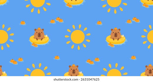 Seamless pattern with cute summer capybaras in various poses and items. Hand drawn cartoon flat style. Vacation seasonal template for design, kids collection
