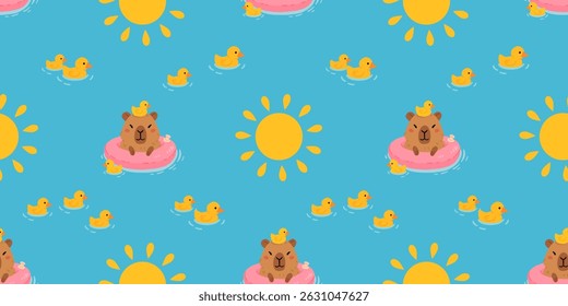 Seamless pattern with cute summer capybaras in various poses and items. Hand drawn cartoon flat style. Vacation seasonal template for design, kids collection