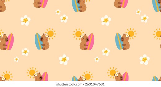 Seamless pattern with cute summer capybaras in various poses and items. Hand drawn cartoon flat style. Vacation seasonal template for design, kids collection
