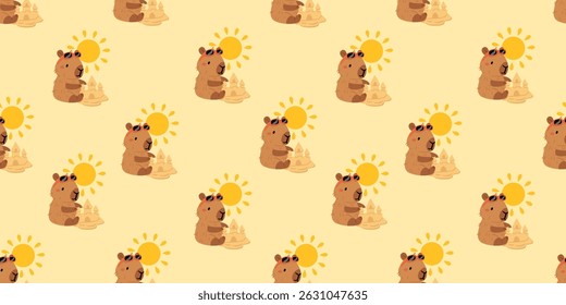 Seamless pattern with cute summer capybaras in various poses and items. Hand drawn cartoon flat style. Vacation seasonal template for design, kids collection