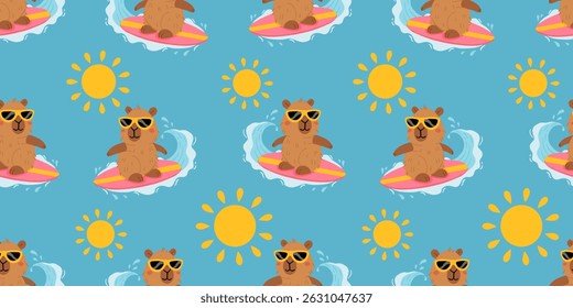 Padrão contínuo com capibaras de verão bonito em várias poses e itens. Estilo plano desenho à mão desenhos animados. Modelo sazonal de férias para design, coleção de crianças