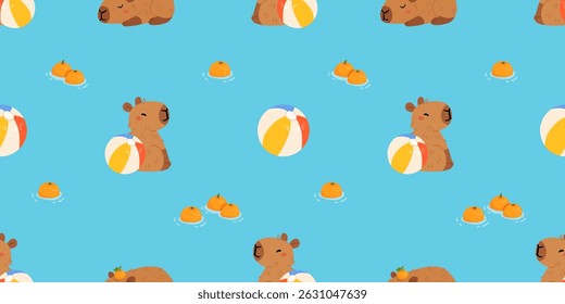 Seamless pattern with cute summer capybaras in various poses and items. Hand drawn cartoon flat style. Vacation seasonal template for design, kids collection