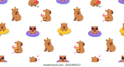 Padrão contínuo com capibaras de verão bonito em várias poses e itens. Estilo plano desenho à mão desenhos animados. Modelo sazonal de férias para design, coleção de crianças