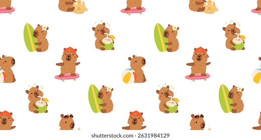 Seamless pattern with cute summer capybaras in various poses and items. Hand drawn cartoon flat style. Vacation seasonal template for design, kids collection