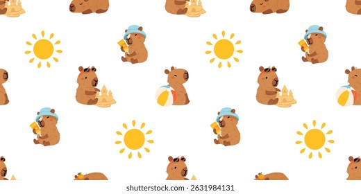 Seamless pattern with cute summer capybaras in various poses and items. Hand drawn cartoon flat style. Vacation seasonal template for design, kids collection
