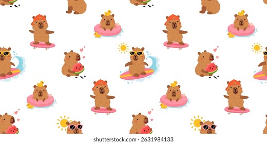 Seamless pattern with cute summer capybaras in various poses and items. Hand drawn cartoon flat style. Vacation seasonal template for design, kids collection