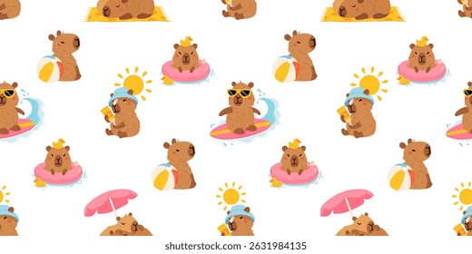 Seamless pattern with cute summer capybaras in various poses and items. Hand drawn cartoon flat style. Vacation seasonal template for design, kids collection