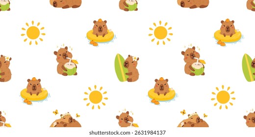 Seamless pattern with cute summer capybaras in various poses and items. Hand drawn cartoon flat style. Vacation seasonal template for design, kids collection
