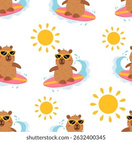 Padrão contínuo com capibaras de verão bonito em várias poses e itens. Estilo plano desenho à mão desenhos animados. Modelo sazonal de férias para design, coleção de crianças