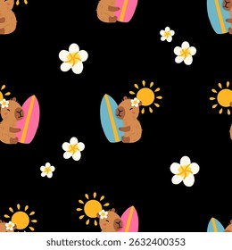 Seamless pattern with cute summer capybaras in various poses and items. Hand drawn cartoon flat style. Vacation seasonal template for design, kids collection