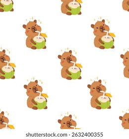 Seamless pattern with cute summer capybaras in various poses and items. Hand drawn cartoon flat style. Vacation seasonal template for design, kids collection