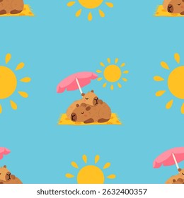 Seamless pattern with cute summer capybaras in various poses and items. Hand drawn cartoon flat style. Vacation seasonal template for design, kids collection