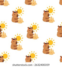 Seamless pattern with cute summer capybaras in various poses and items. Hand drawn cartoon flat style. Vacation seasonal template for design, kids collection