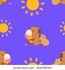 Seamless pattern with cute summer capybaras in various poses and items. Hand drawn cartoon flat style. Vacation seasonal template for design, kids collection