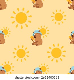 Seamless pattern with cute summer capybaras in various poses and items. Hand drawn cartoon flat style. Vacation seasonal template for design, kids collection