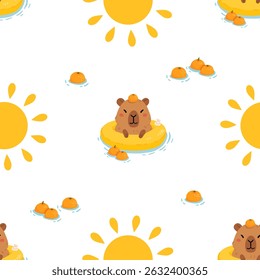 Seamless pattern with cute summer capybaras in various poses and items. Hand drawn cartoon flat style. Vacation seasonal template for design, kids collection