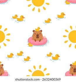 Seamless pattern with cute summer capybaras in various poses and items. Hand drawn cartoon flat style. Vacation seasonal template for design, kids collection