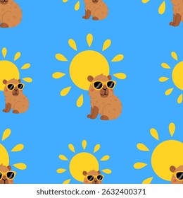 Seamless pattern with cute summer capybaras in various poses and items. Hand drawn cartoon flat style. Vacation seasonal template for design, kids collection