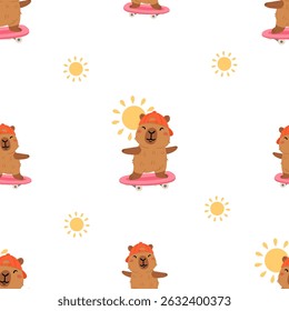 Seamless pattern with cute summer capybaras in various poses and items. Hand drawn cartoon flat style. Vacation seasonal template for design, kids collection
