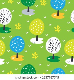 seamless pattern cute summer floral and tree with light green background