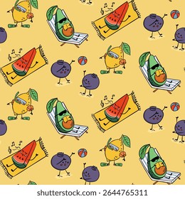 Seamless pattern with cute summer fruits like avocado, lemon, blueberry and watermelon in kawaii style. Concept of playful food characters, tropical vacation and cheerful design