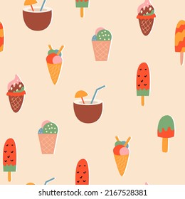 Seamless pattern with cute summer ice cream and coconut cocktail. Food and drink vector illustration. Sweet colorful background