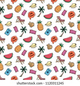 seamless pattern of cute summer icons with colored doodle style on white background