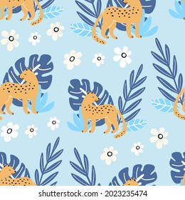 Patrón sin foco con hermosas hojas de verano y leopardo. Excelente para la ropa infantil, decoración infantil. Ilustración vectorial